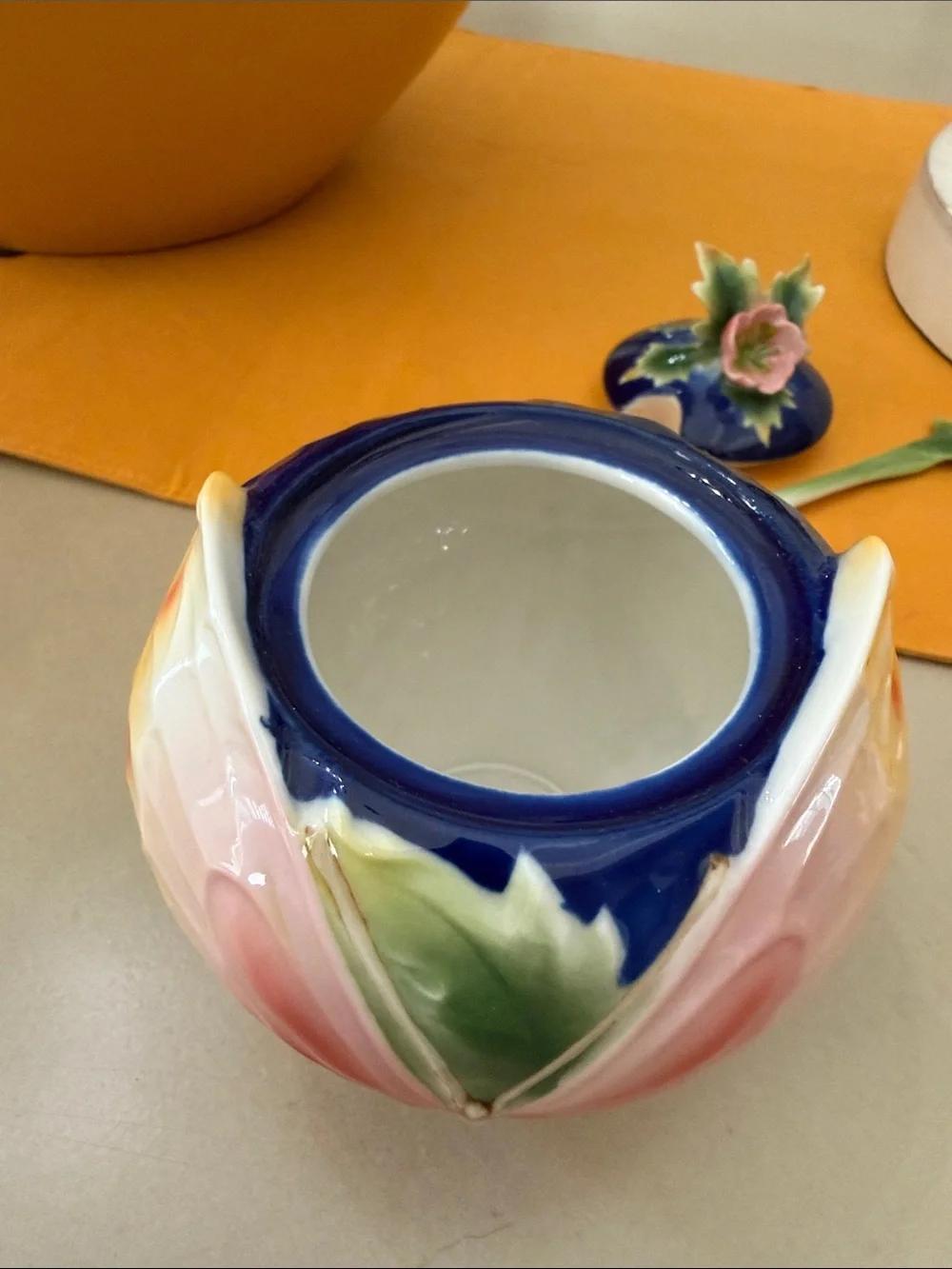 Pier 1 Blue Floral Ceramic Bowl with Pink Flower Chip Rest and Blue Spoon